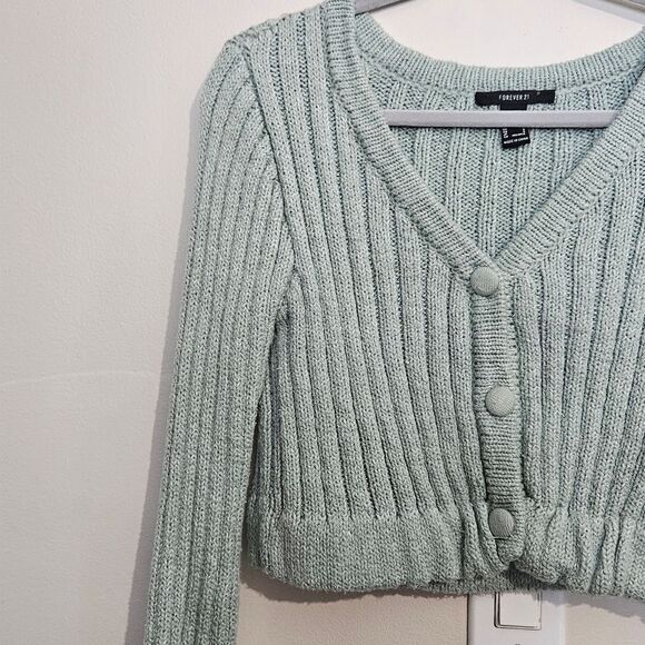 Forever 21 Ribbed Knit Cardigan Sweater Bell Sleeves Light Green Small - Picture 8 of 8